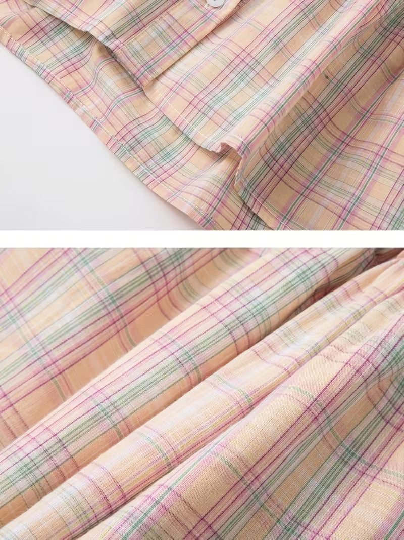 Sweet Design Loose Plaid Doll Collar Shirt Women's Vintage Niche Short Sleeve Top