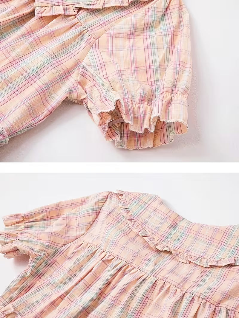 Sweet Design Loose Plaid Doll Collar Shirt Women's Vintage Niche Short Sleeve Top