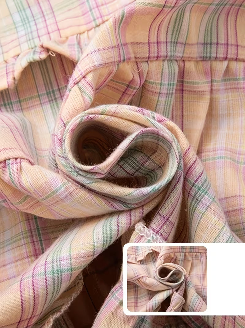 Sweet Design Loose Plaid Doll Collar Shirt Women's Vintage Niche Short Sleeve Top