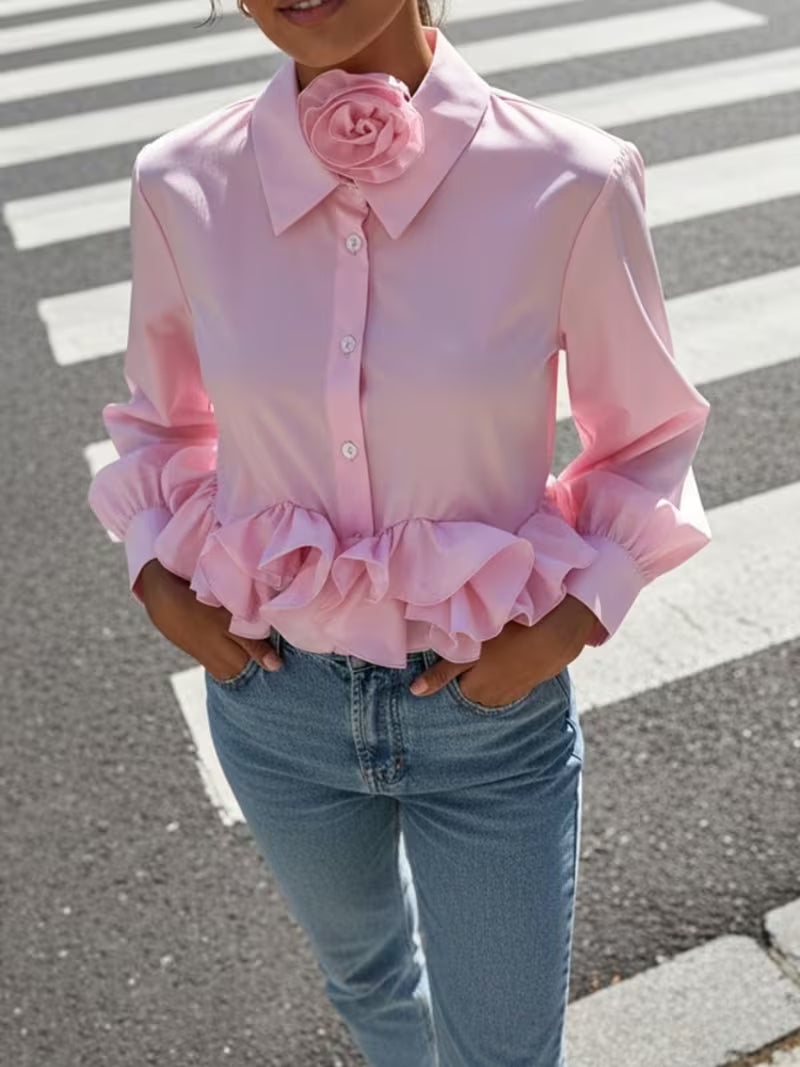 Short-sleeve Long-length Shirt with Lapel and Three-dimensional Lace Floral Ribbon Top