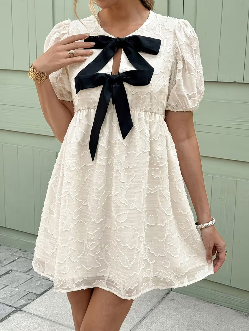 Double Bow Jacquard Puff Sleeve Dress with Waist Cinching Effect, A-Line Short Skirt, Sweet and Elegant Babydoll Dress