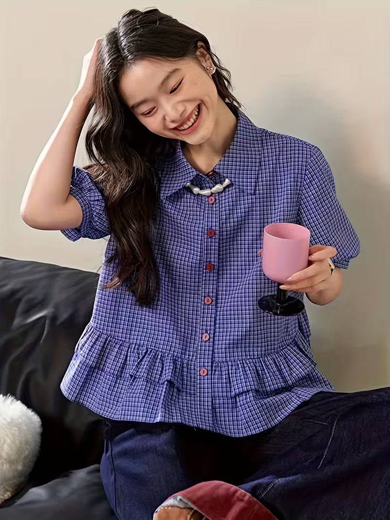 Women's Summer Casual Blue Checkered Ruffled Sleeve Shirt