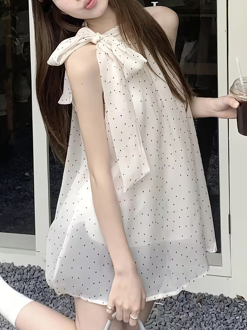 Women's Beige Polka Dot Halter Sleeveless Blouse, Tie-Neck Design & Loose Silhouette, Light Chiffon Fabric, Casual Fresh Outfit