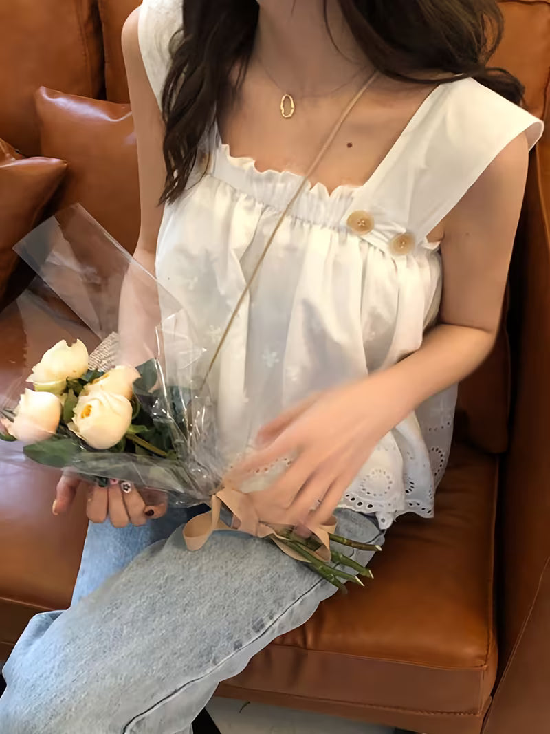 New Summer Square Neck Embroidered Thin Shirt | Women's Loose Small Fresh Outer Wear Camisole Japanese Style Fairy Top