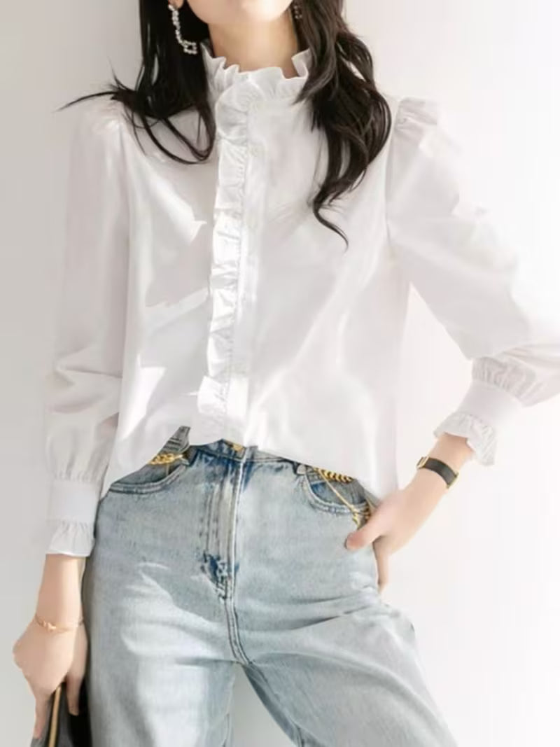 Women' French Elegant Korean Style Blouse Shirt - White Lace Collar & Ruffle Trim Blouse, Spring Summer Long Sleeve Blouse
