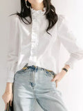 Women' French Elegant Korean Style Blouse Shirt - White Lace Collar & Ruffle Trim Blouse, Spring Summer Long Sleeve Blouse