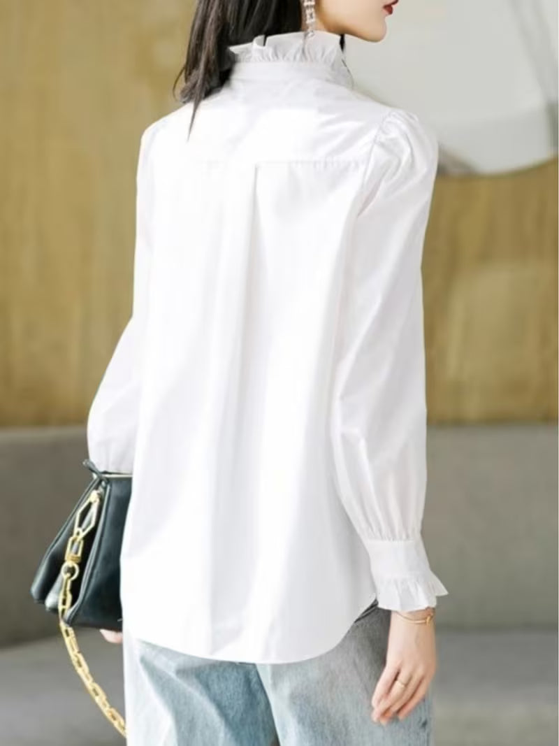 Women' French Elegant Korean Style Blouse Shirt - White Lace Collar & Ruffle Trim Blouse, Spring Summer Long Sleeve Blouse