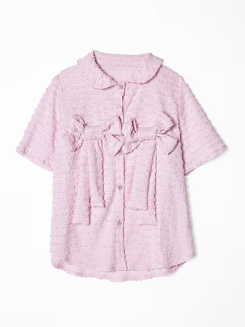 Summer New Niche Original Sweet Bow Cherry Blossom Pink Shirt Casual Literary Women'S Top