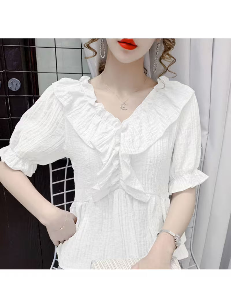 Summer New French Vneck Puff Sleeve Short Shirt for Women, Fashionable, Elegant