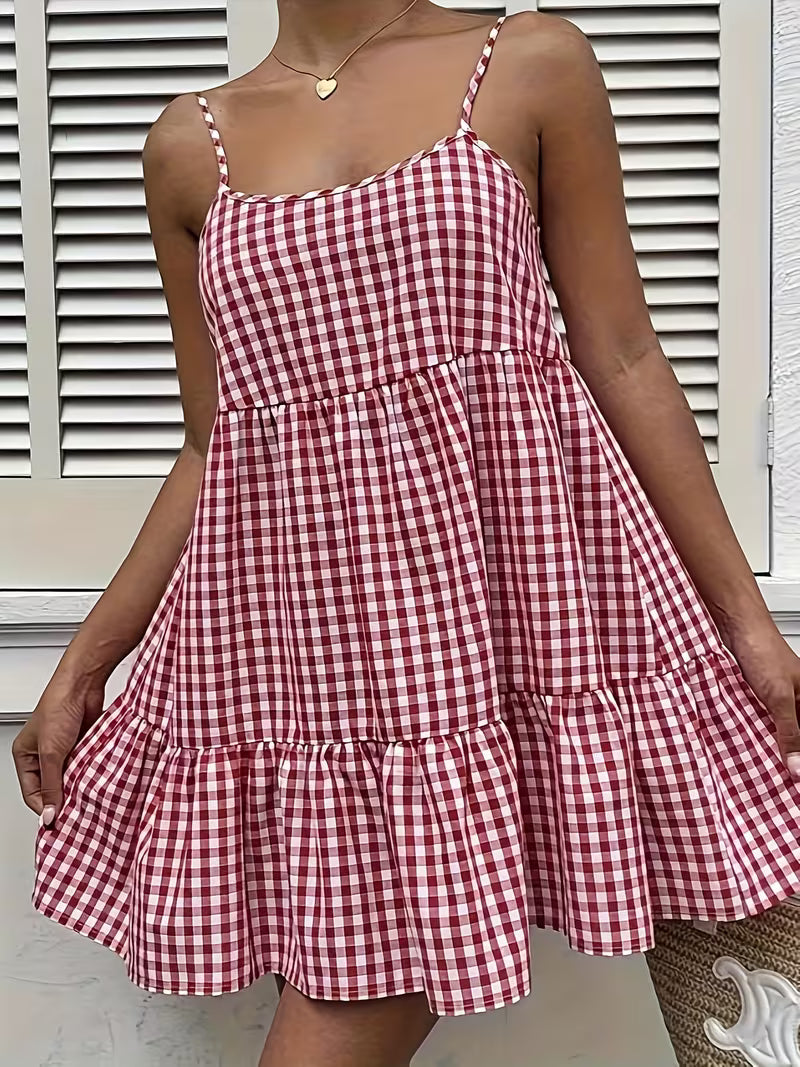 Women'S Summer Sleeveless Off-Shoulder Checkered Dress - a Casual Layered Skirt with Ruffles, Lightweight And Machine Washable