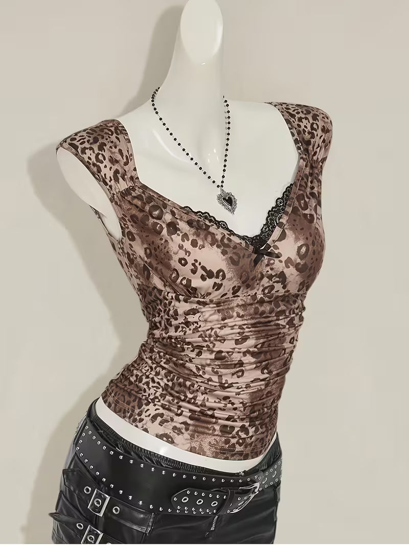 Spring/Summer/Autumn New Women's Leopard Print Contrast Lace Cap Sleeve T-Shirt
