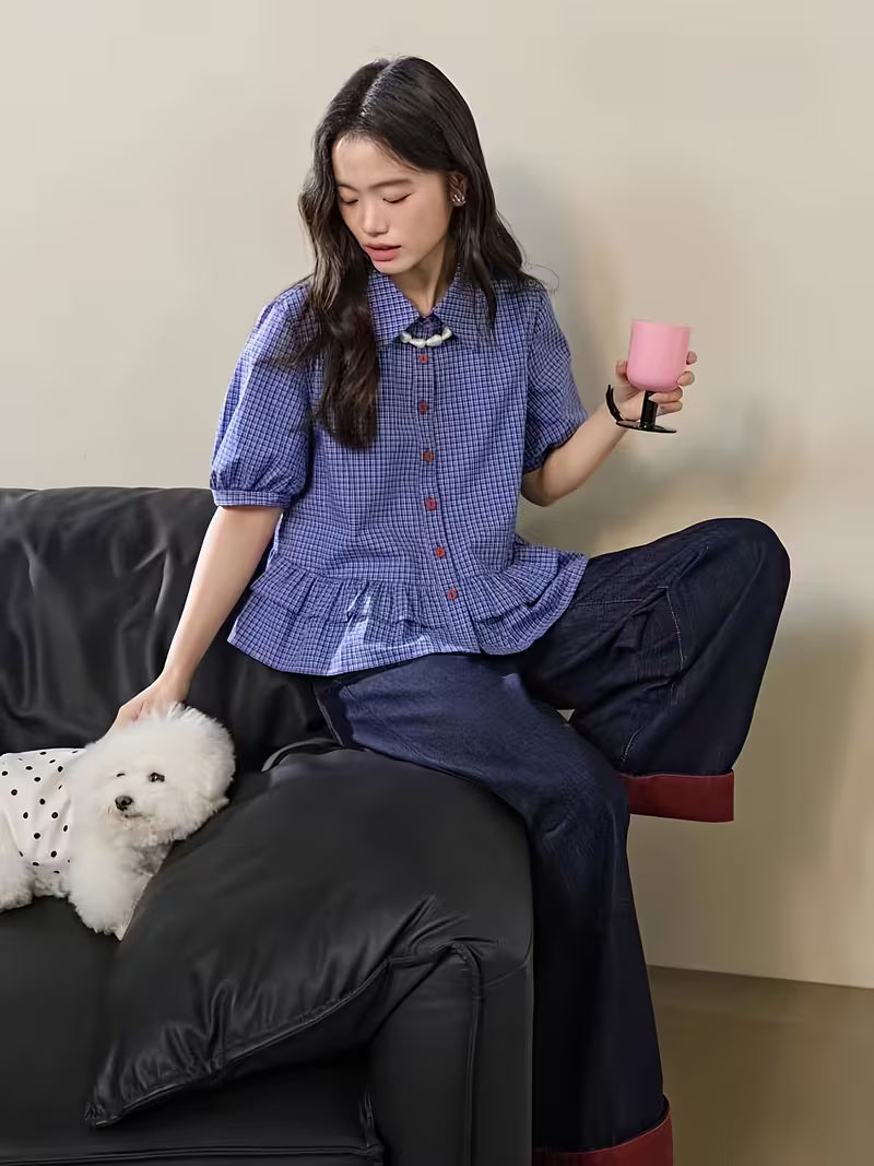 Women's Summer Casual Blue Checkered Ruffled Sleeve Shirt