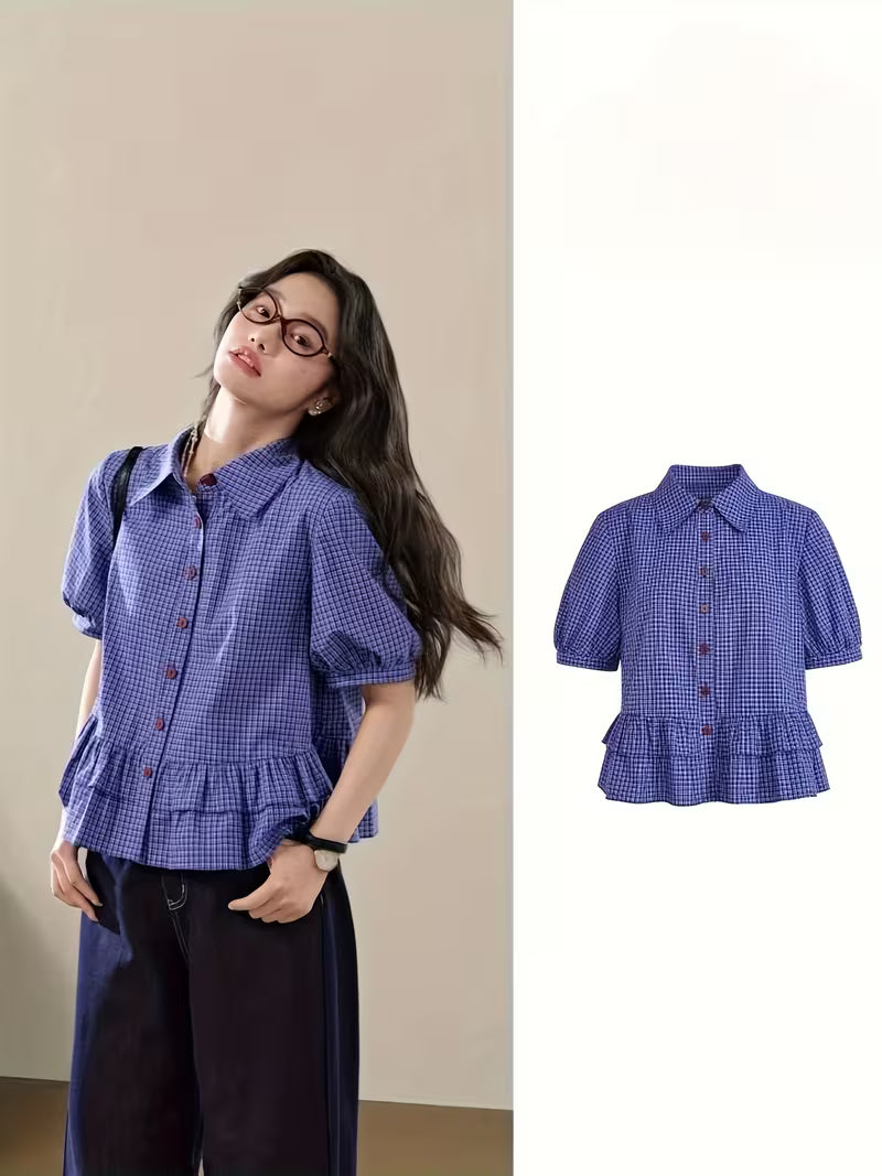 Women's Summer Casual Blue Checkered Ruffled Sleeve Shirt