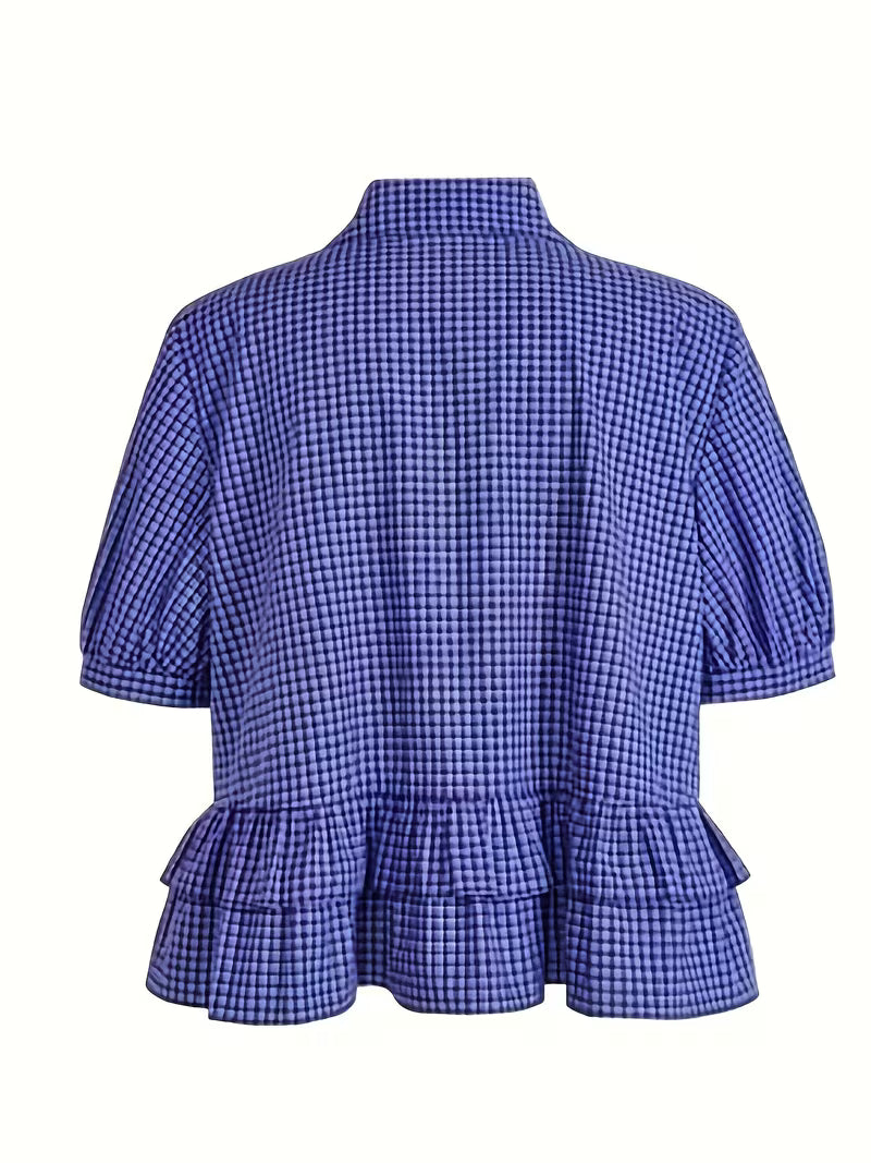 Women's Summer Casual Blue Checkered Ruffled Sleeve Shirt
