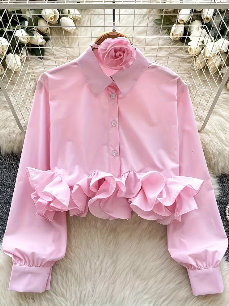 Short-sleeve Long-length Shirt with Lapel and Three-dimensional Lace Floral Ribbon Top