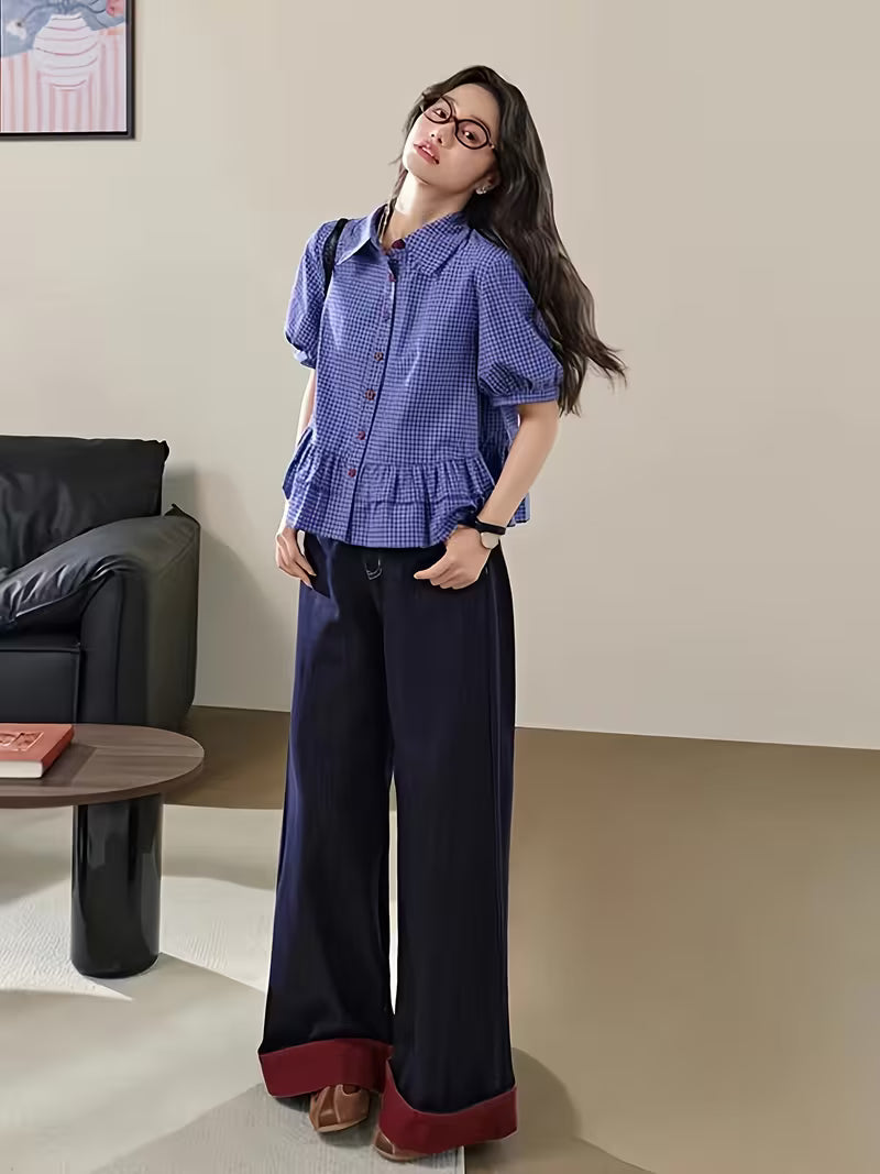 Women's Summer Casual Blue Checkered Ruffled Sleeve Shirt