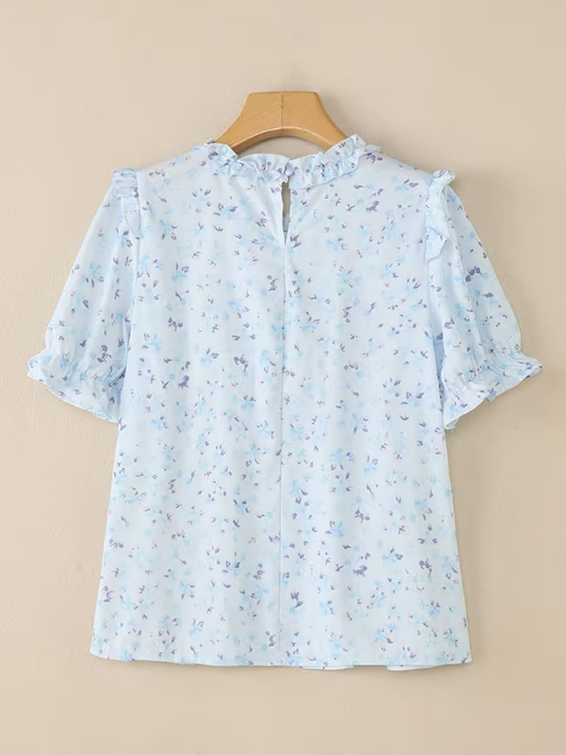 Plus Size - Plus Size - Women'S Girlish Style Ruffle Pleated Blouse Round Neck Puff Short Sleeve Floral Print Summer Tops Lightweight Outdoor Holiday Casual Loose Shirt Plus Size
