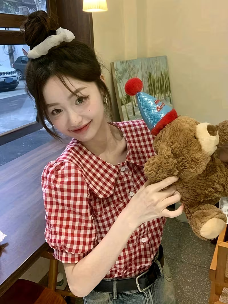 Retro Short-Sleeve Shirt Stylish Blouse Top