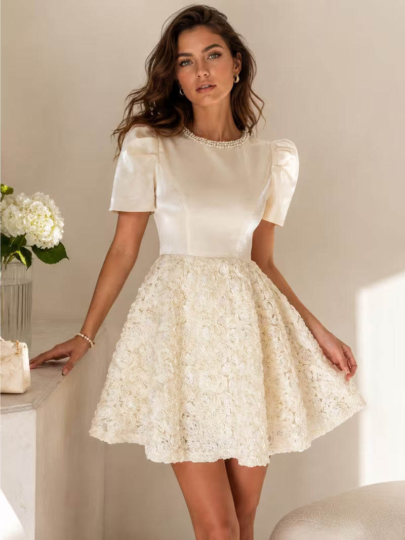 Women'S Puff Short Sleeve Lace Mini Dress High Waisted Comfort Fit for Daily Wear Date Night Look