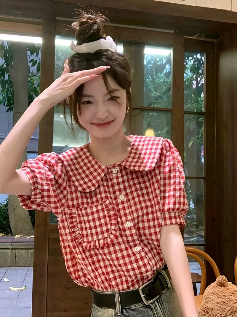 Retro Short-Sleeve Shirt Stylish Blouse Top