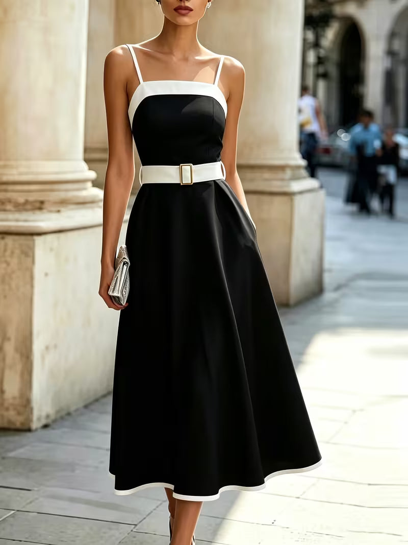 Women'S Spring Summer Black And White Contrast Midi Dress, Spaghetti Strap Dress, Women'S Contrast Dress