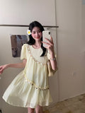 Women's Elegant Summer Dress with Handmade Sequin Detailing - A-Line Flared Midi Dress, Puff Sleeves & Round Neck, Loose Fit Casual Chic