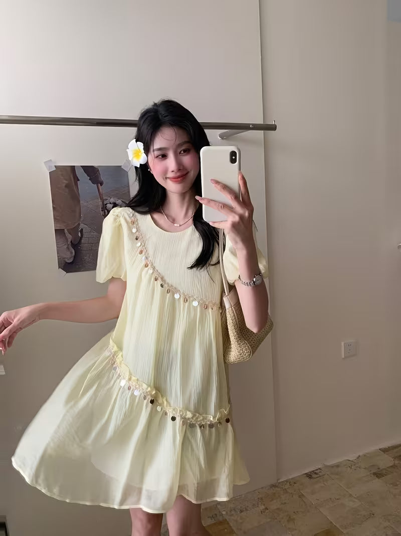 Women's Elegant Summer Dress with Handmade Sequin Detailing - A-Line Flared Midi Dress, Puff Sleeves & Round Neck, Loose Fit Casual Chic