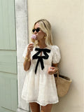 Double Bow Jacquard Puff Sleeve Dress with Waist Cinching Effect, A-Line Short Skirt, Sweet and Elegant Babydoll Dress