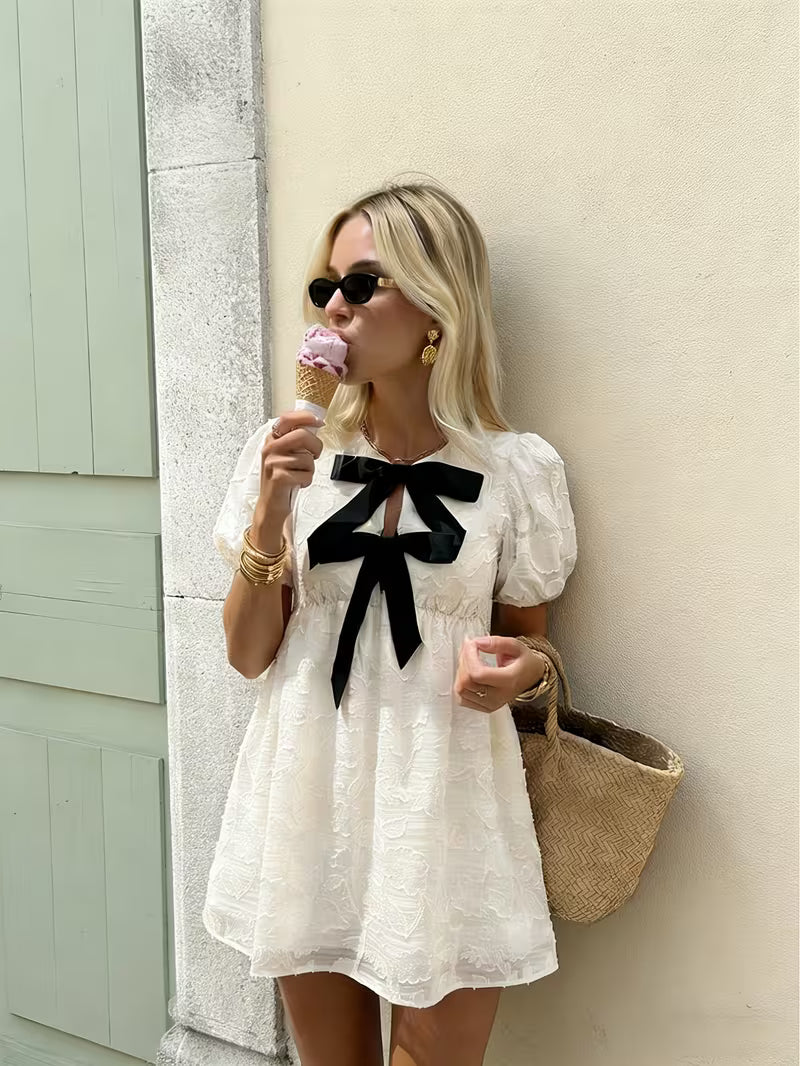 Double Bow Jacquard Puff Sleeve Dress with Waist Cinching Effect, A-Line Short Skirt, Sweet and Elegant Babydoll Dress