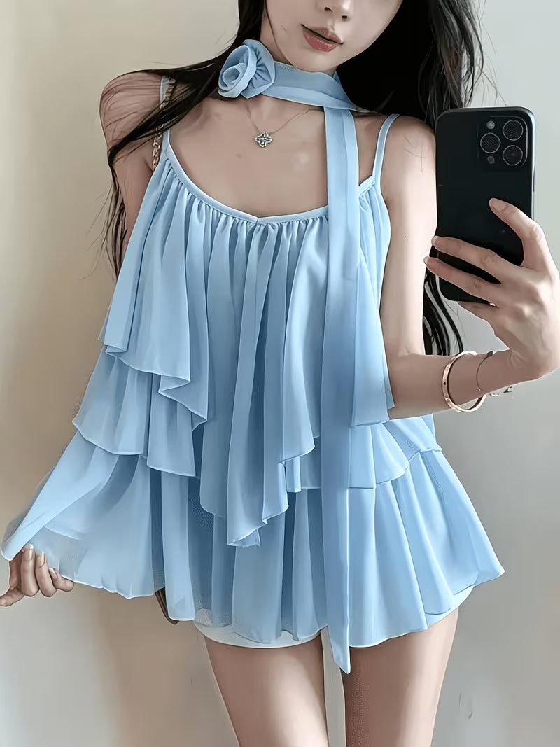 Summer 2026 New Gentle Style Irregular Design Camisole, Summer Niche 3D Floral Ribbon Sleeveless Lace Top