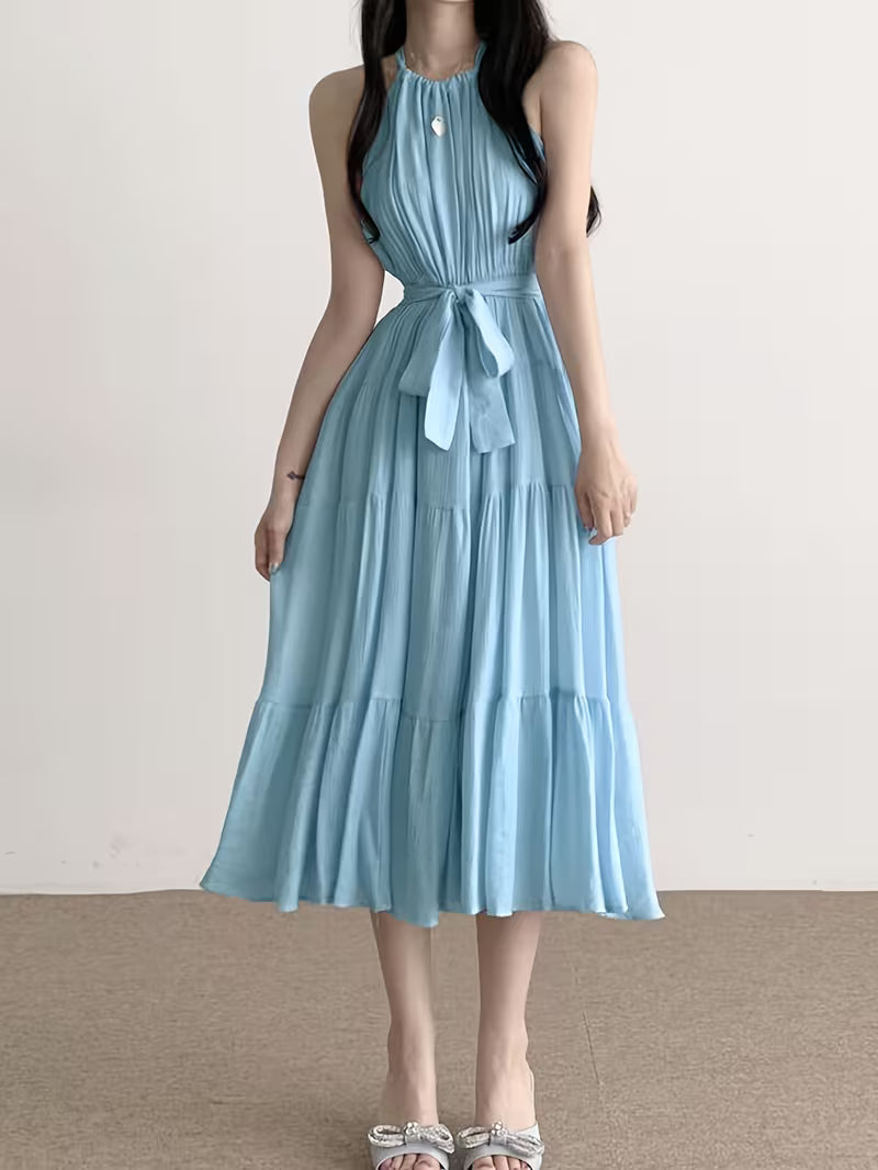 New Spring And Summer Lace-Up Sleeveless Midi Dress, A-Line, Elegant Temperament Women'S Dress