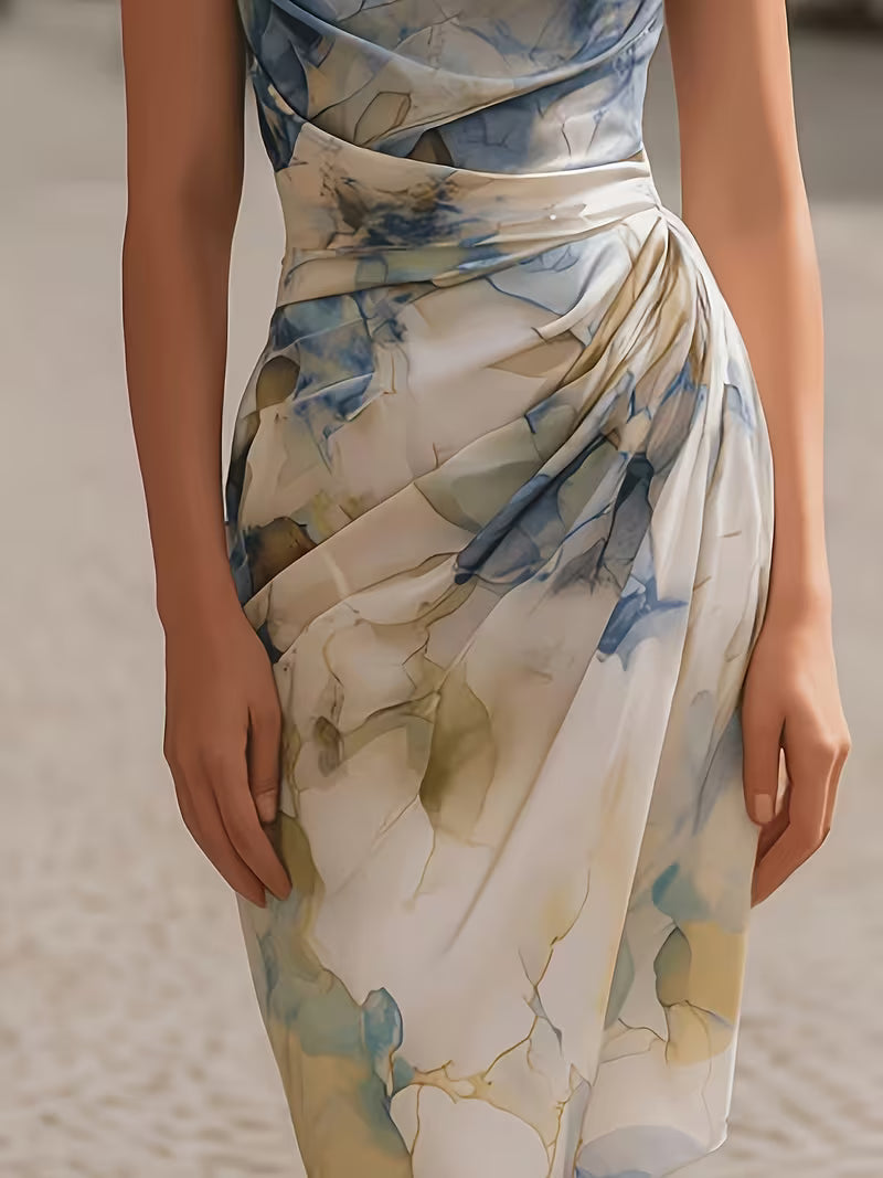 Women'S Elegant Fashion, Pleated High-Neck Printed Midi Dress