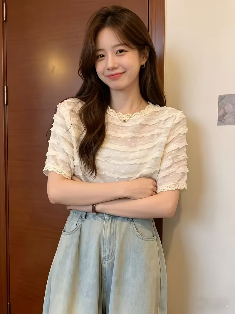 New Summer Style Elegant Lace Trim Short Sleeve Chiffon Blouse for Women, Chic and Pretty Top, Fresh and Popular Item
