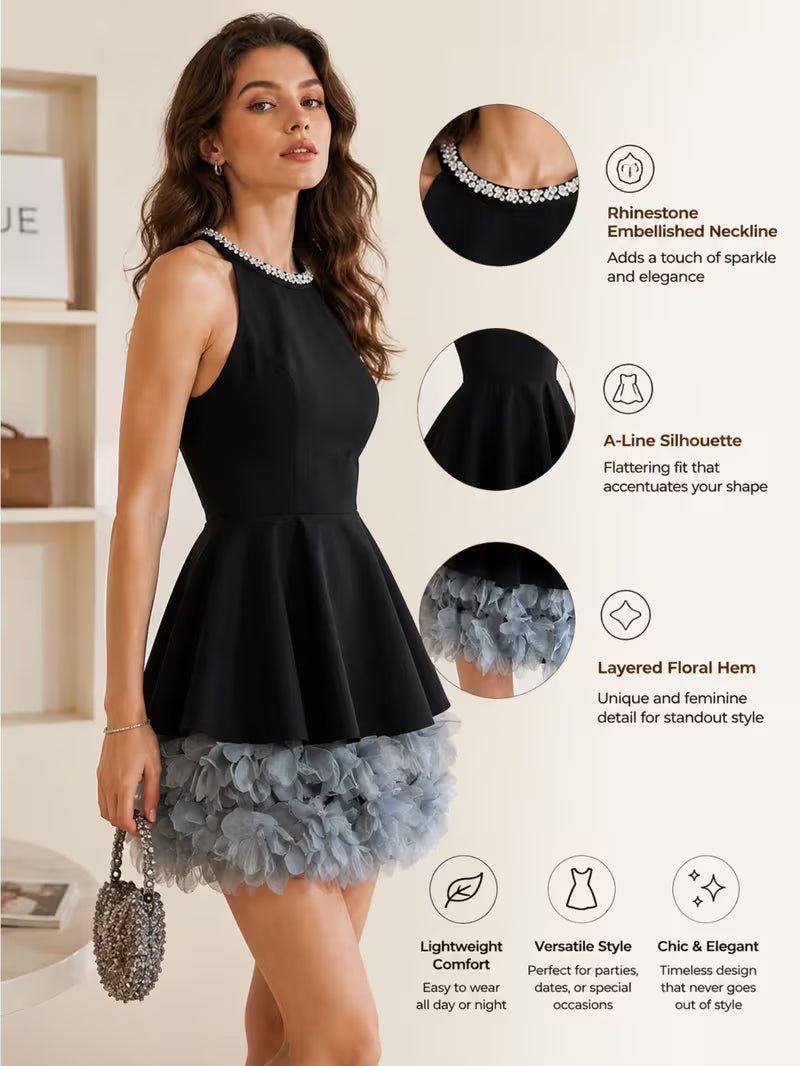 omen Halter Neck Rhinestone Embellished Short Dress Patchwork 3D Mesh Floral Hem for Daily Wear Date Night Look
