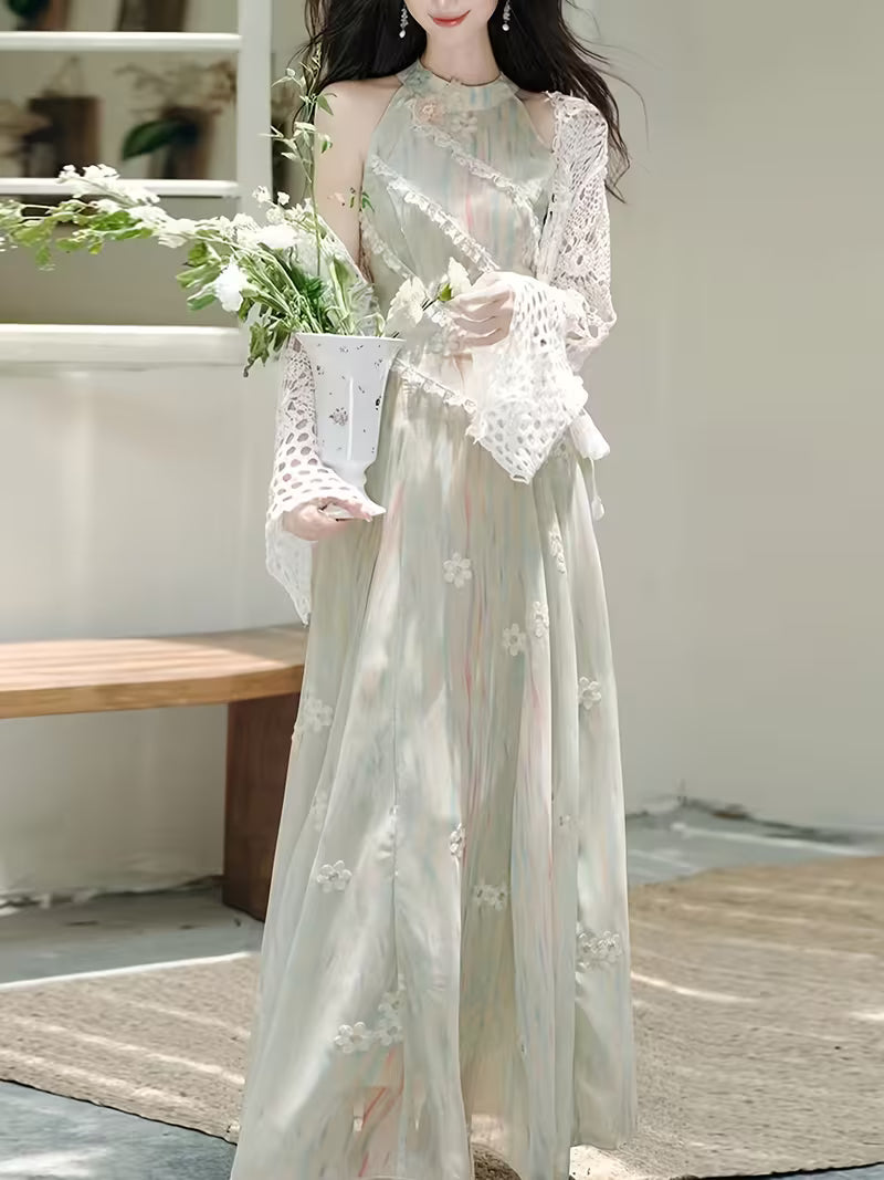 New Fashion Elegant Temperament Vacation Style Lace Striped Decorative Off-The-Shoulder Waist-Cinching Dress, Women'S Long Dress