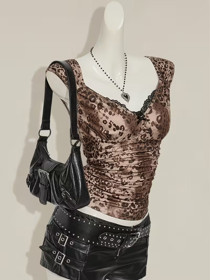 Spring/Summer/Autumn New Women's Leopard Print Contrast Lace Cap Sleeve T-Shirt