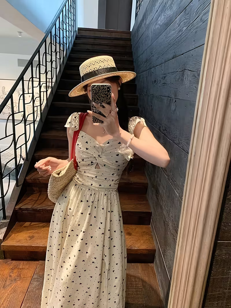 Design Dress Summer New French Temperament Flutter Sleeves Waist-Cinching Mid-Length Floral Dress