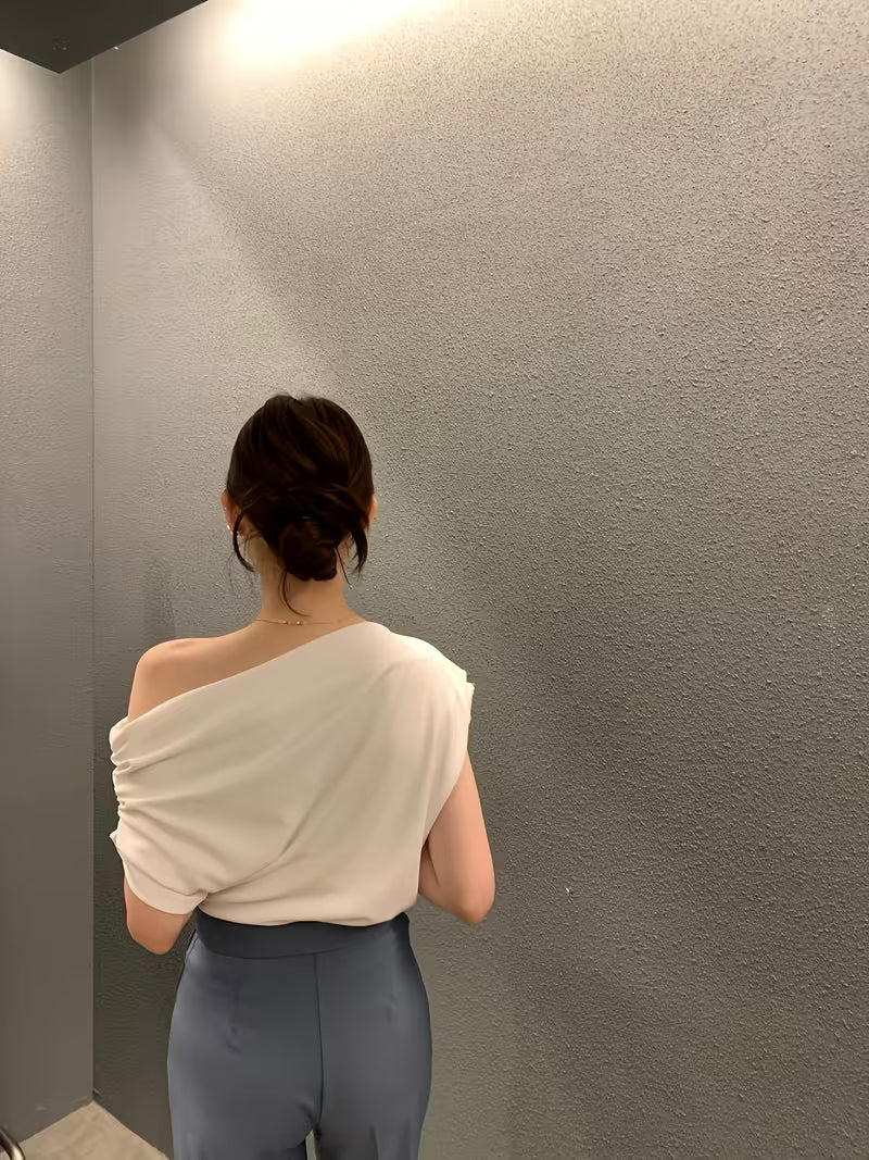 Summer New Niche Irregular Off-shoulder Design Solid Color Pullover Short-sleeve T-shirt