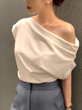 Summer New Niche Irregular Off-shoulder Design Solid Color Pullover Short-sleeve T-shirt