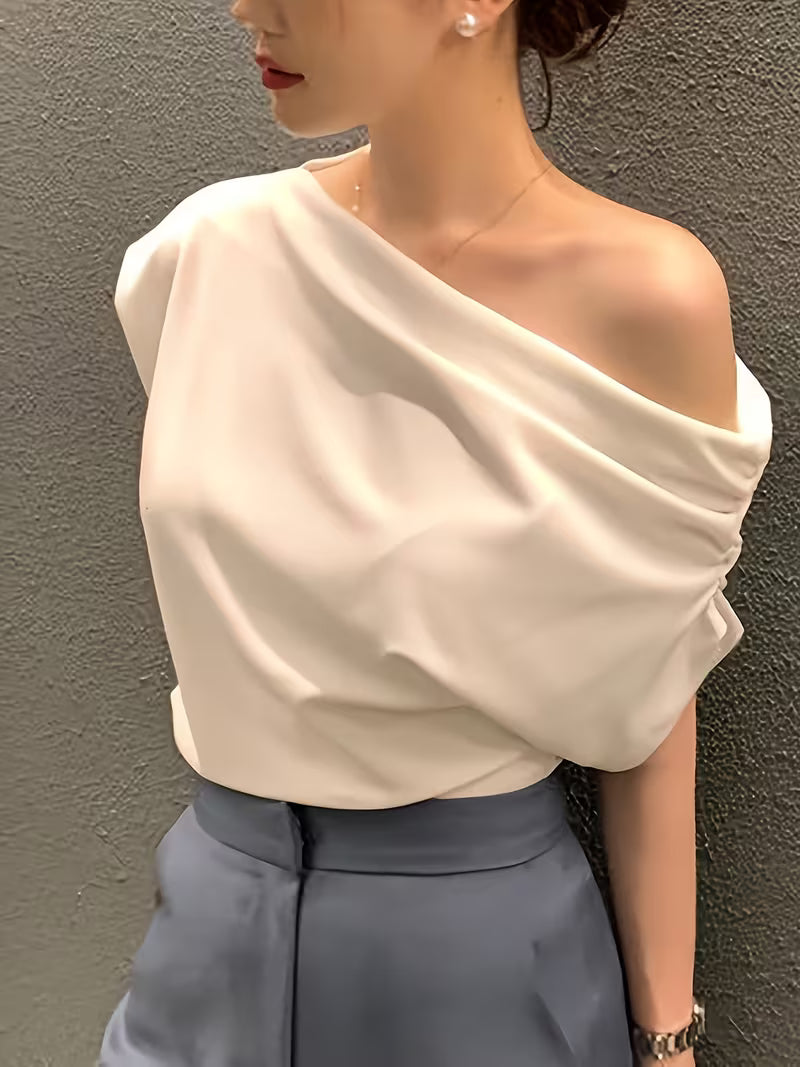 Summer New Niche Irregular Off-shoulder Design Solid Color Pullover Short-sleeve T-shirt