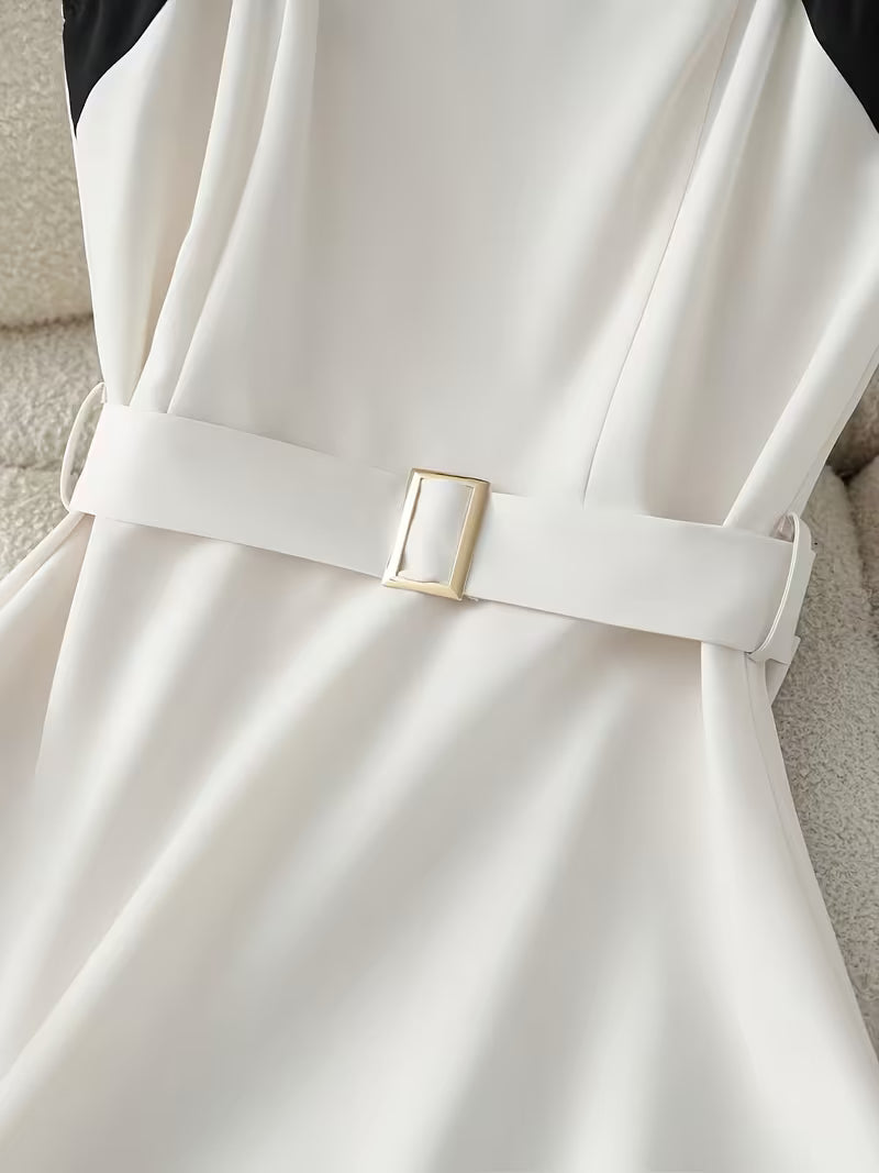 Women'S Spring Summer Black And White Contrast Midi Dress, Spaghetti Strap Dress, Women'S Contrast Dress