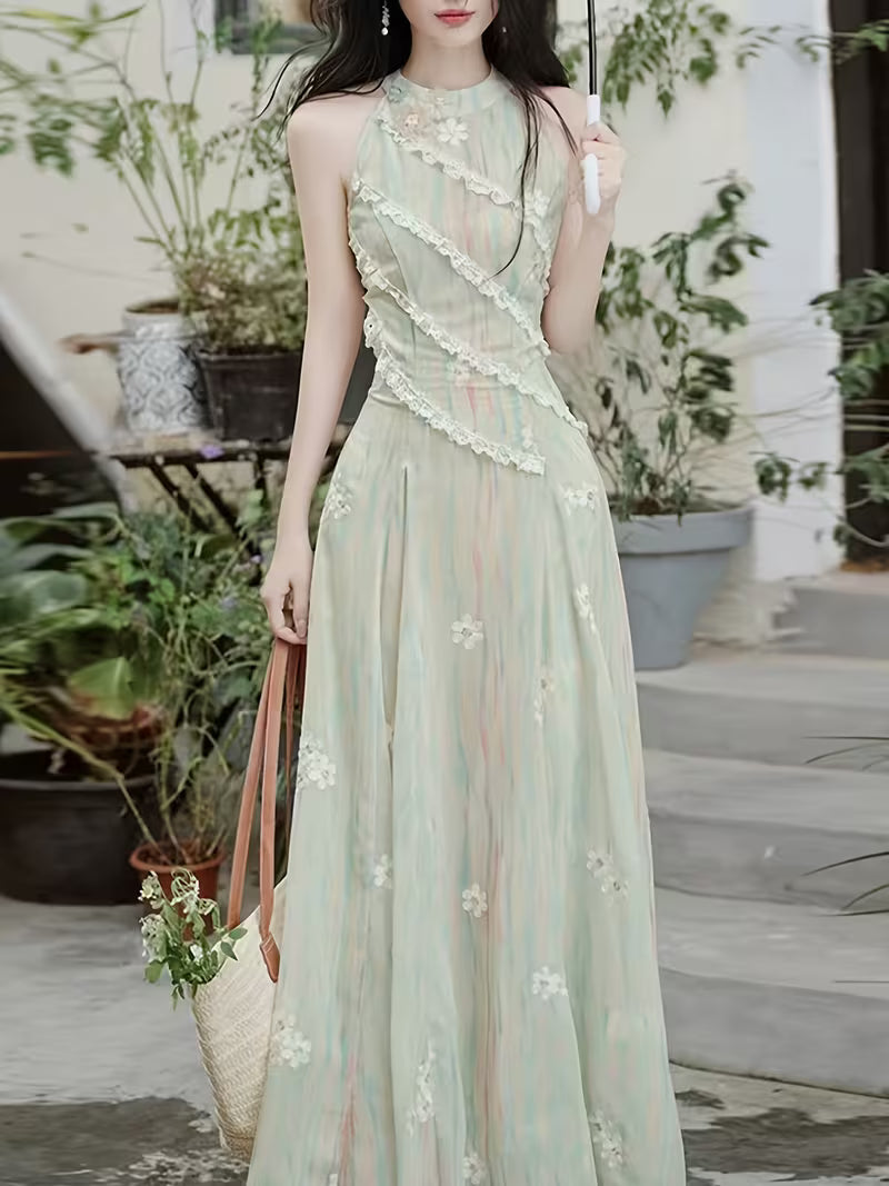 New Fashion Elegant Temperament Vacation Style Lace Striped Decorative Off-The-Shoulder Waist-Cinching Dress, Women'S Long Dress