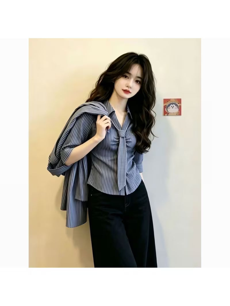 Fashionable Design with A Turn- Collar And Tie, Blue Striped Shirt for Women