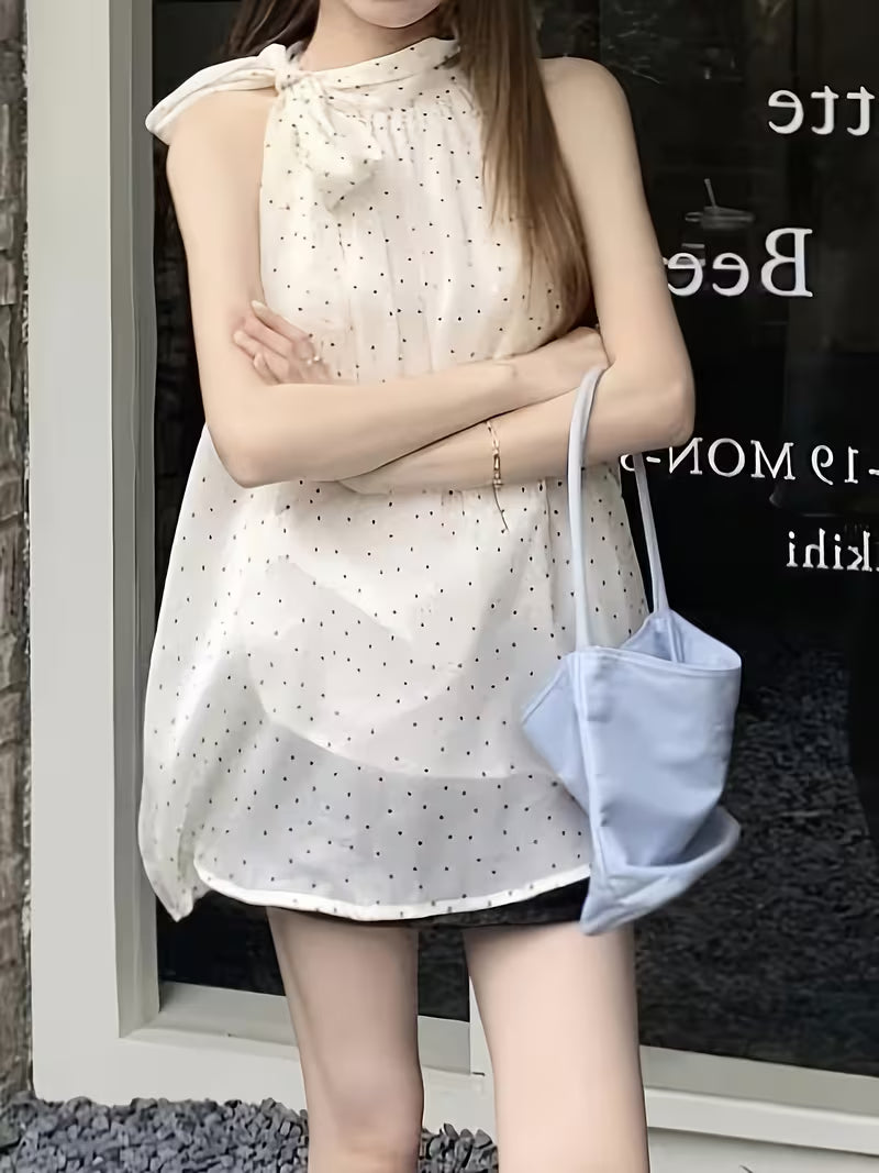 Women's Beige Polka Dot Halter Sleeveless Blouse, Tie-Neck Design & Loose Silhouette, Light Chiffon Fabric, Casual Fresh Outfit