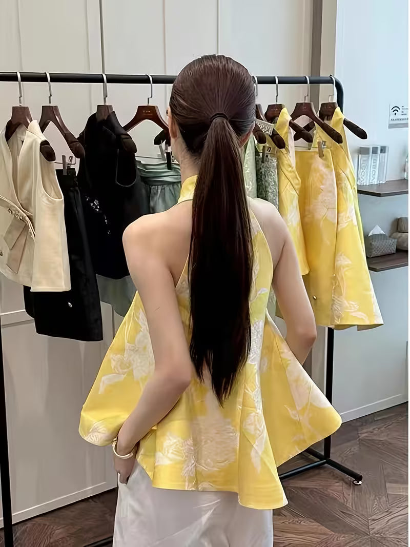 Spring New Arrival Fashionable and Versatile New Chinese Style Jacquard Yellow Vest Sleeveless Top