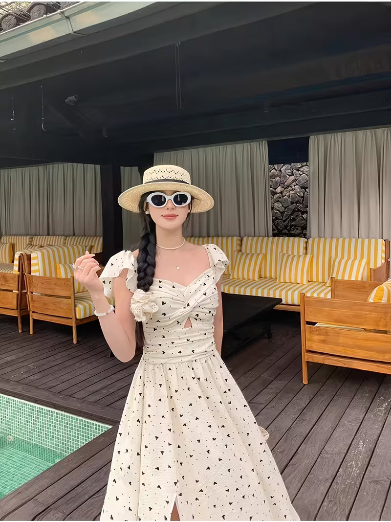 Design Dress Summer New French Temperament Flutter Sleeves Waist-Cinching Mid-Length Floral Dress
