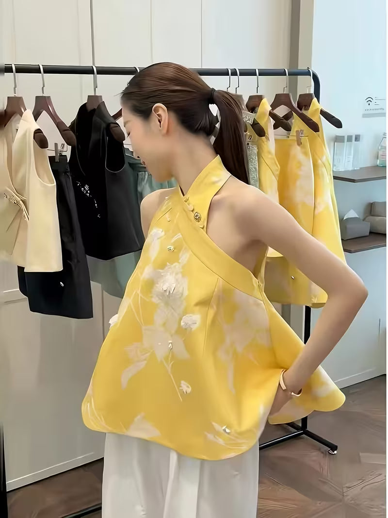 Spring New Arrival Fashionable and Versatile New Chinese Style Jacquard Yellow Vest Sleeveless Top
