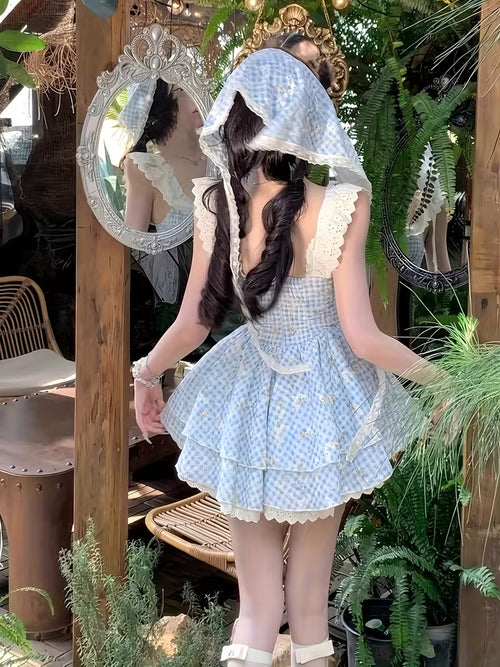 Adorable And Sweet Short Dress with Flutter Sleeves for Women, Featuring Lace Panels, a Square Neckline, And a Fitted Waist That Accentuates Curves