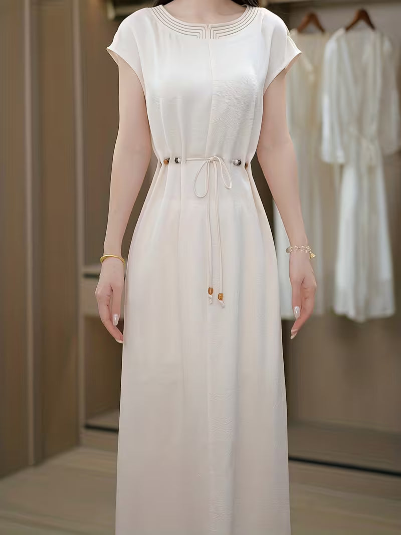 White Minimalist Dress with Geometric Embroidered Drawstring Waist, Sleeveless Long Style Shows Gentle And Elegant Atmosphere