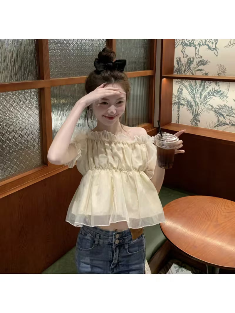 Off-shoulder Pure Desire Blouse for Women, New Spring-summer Style, and Sweet, Off-shoulder Square Neck, Puff Sleeves, Ultra-fairy Chiffon Top